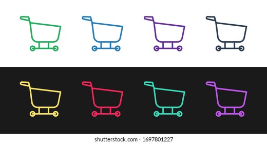 Set line Shopping cart icon isolated on black and white background. Food store, supermarket. Vector Illustration