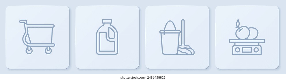 Set line Shopping cart, Mop and bucket, Bottle for cleaning agent and Electronic scales product. White square button. Vector