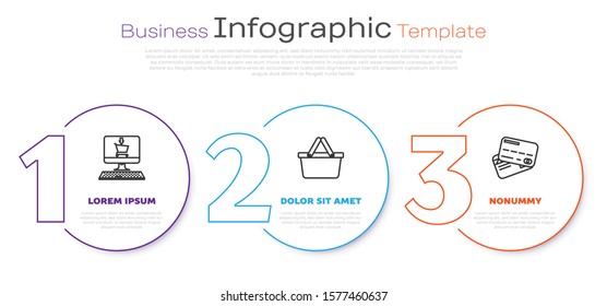 Set line Shopping cart on screen computer, Shopping basket and Credit card. Business infographic template. Vector