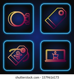 Set line Shopping cart on screen laptop, Discount percent tag, Signboard hanging and Blank label template price tag. Gradient color icons. Vector