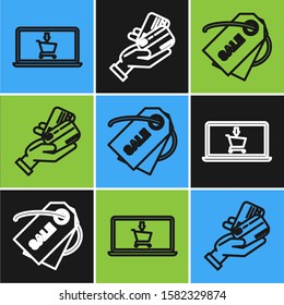 Set line Shopping cart on screen laptop, Price tag with an inscription Sale and Human hand holding with credit card icon. Vector