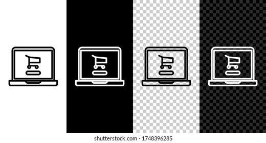 Set line Shopping cart on screen laptop icon isolated on black and white background. Concept e-commerce, e-business, online business marketing. Vector Illustration