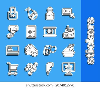 Set line Shopping cart on computer, Roasted turkey or chicken, Cigarettes pack box, Spice can, Calculator, Security camera, bag with recycle and Canned fish icon. Vector