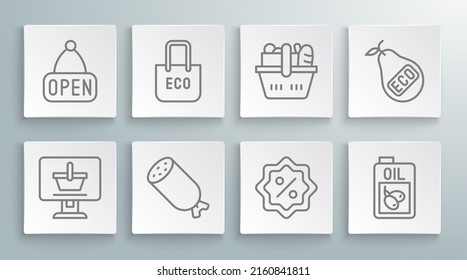 Set Line Shopping Cart On Computer, Bag With Recycle, Salami Sausage, Discount Percent Tag, Bottle Of Olive Oil, Basket And Food, Healthy Organic Pear And Hanging Sign Open Icon. Vector