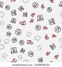 Set line Shopping cart, on screen laptop, Piggy bank and Delivery cargo truck on seamless pattern. Vector