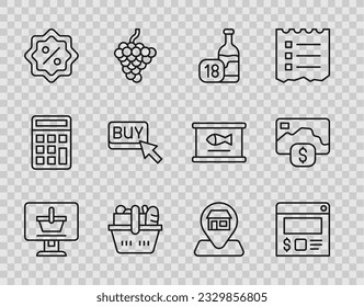 Set line Shopping cart on computer, Online ordering and delivery, Wine bottle, basket food, Discount percent tag, Buy button, Location Market store and Credit card icon. Vector