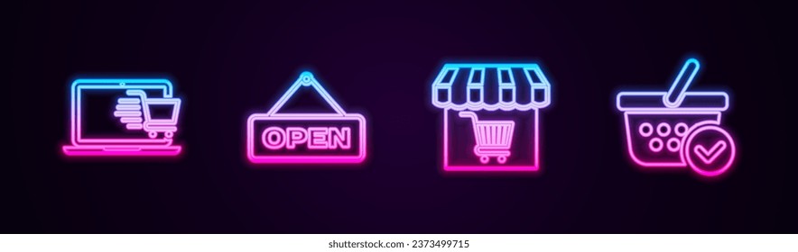 Set line Shopping cart on laptop, Hanging sign with Open door, Market store shopping and basket check mark. Glowing neon icon. Vector