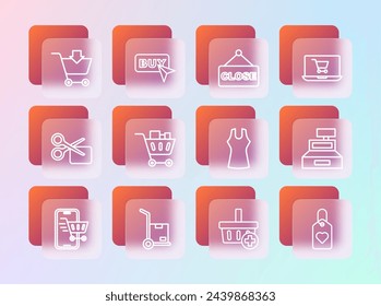 Set line Shopping cart on screen laptop, Hand truck and boxes, Woman dress, Add basket, food, Hanging sign with text Closed,  and Buy button icon. Vector
