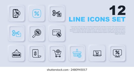 Set line Shopping cart on screen laptop, Discount percent tag, Magnifying glass with, Add basket, Scissors cuts discount coupon, Paper check and financial check,  and  icon. Vector