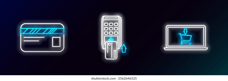 Set line Shopping cart on screen laptop, Credit card and Pos terminal with inserted credit icon. Glowing neon. Vector