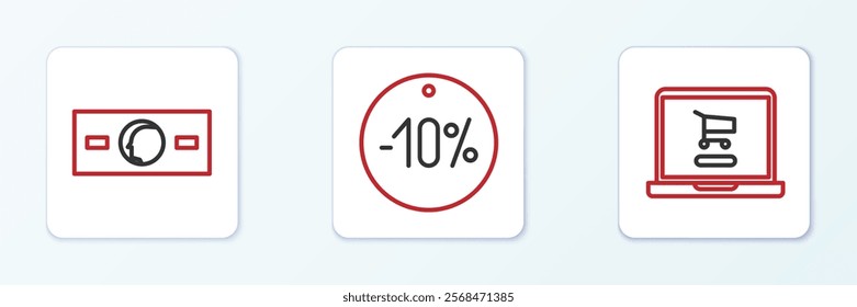 Set line Shopping cart on laptop, Paper money cash and Ten discount percent tag icon. Vector