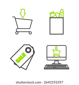 Set line Shopping cart on screen computer, Price tag with an inscription Sale, Paper shopping bag and food and Add to icon. Vector