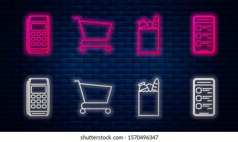 Set line Shopping cart, Paper shopping bag and food, Pos terminal and Online shopping on mobile phone. Glowing neon icon on brick wall. Vector