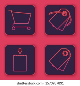Set line Shopping cart, Paper shopping bag, Blank label template price tag and Blank label template price tag. Blue square button. Vector