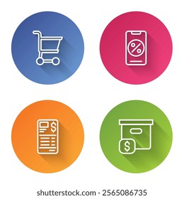 Set line Shopping cart, Percent discount and mobile, Paper or financial check and Carton cardboard box with price. Color circle button. Vector