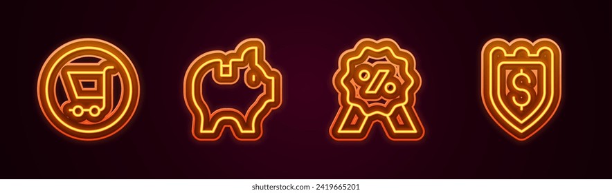 Set line Shopping cart, Piggy bank, Discount percent tag and Shield with dollar. Glowing neon icon. Vector