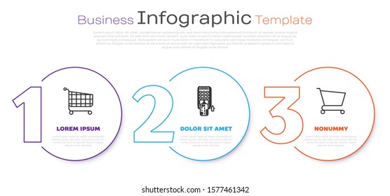 Set line Shopping cart, Pos terminal with inserted credit card and Shopping cart. Business infographic template. Vector