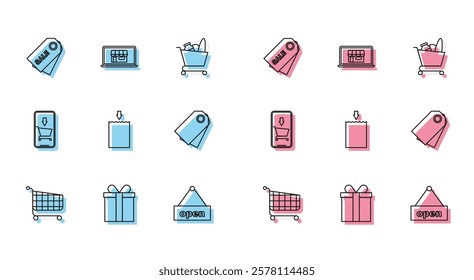 Set line Shopping cart, Price tag with an inscription Sale, Hanging sign text Open door, Paper shopping bag, Blank label template price, Mobile phone and and building screen laptop icon. Vector