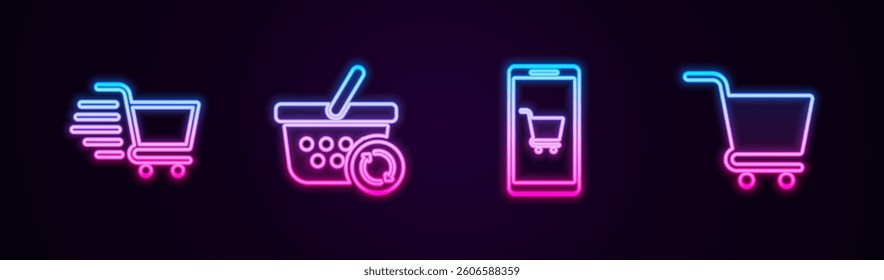 Set line Shopping cart, Refresh shopping basket, Mobile and and . Glowing neon icon. Vector
