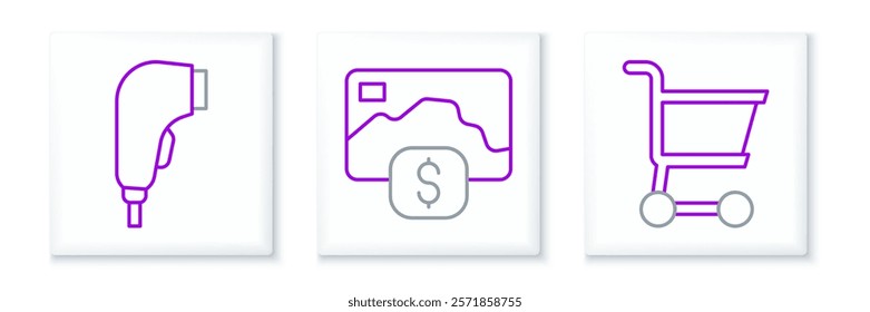 Set line Shopping cart, Scanner scanning bar code and Credit card icon. Vector