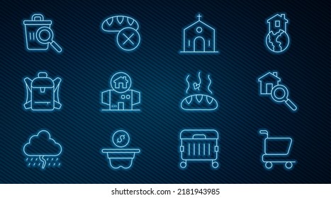 Set line Shopping cart, Search house, Church building, Homeless cardboard, Hiking backpack, Searching for food, Donation and  icon. Vector