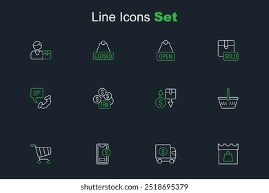 Día de compras, camión blindado, móvil con dólar, Carrito, cesta, caja de cartón de impuestos, pago y teléfono 24 horas icono de Asistencia. Vector