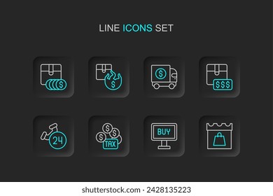 Set line Shopping day, Buy button, Tax payment, Telephone 24 hours support, Item price tag with dollar, Armored truck, Hot and  icon. Vector