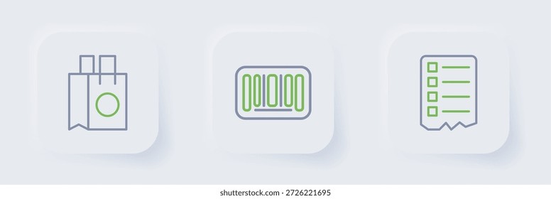 Set line Shopping list, Barcode and Paper shopping bag icon. Vector