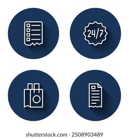 Definir linha Lista de compras, Relógio 24 horas, Saco de compras de papel e verificação financeira com sombra longa. Botão de círculo azul. Vetor