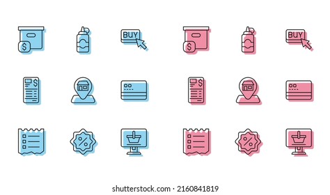 Set line Shopping list, Discount percent tag, Carton cardboard box with price, cart computer, Location Market store, Credit, Paper financial check and Sauce bottle icon. Vector