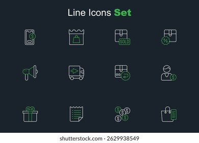 Set line Shopping list, Dollar symbol, Wish template, Gift box, Buyer, Return cardboard, Delivery cargo truck and Megaphone icon. Vector