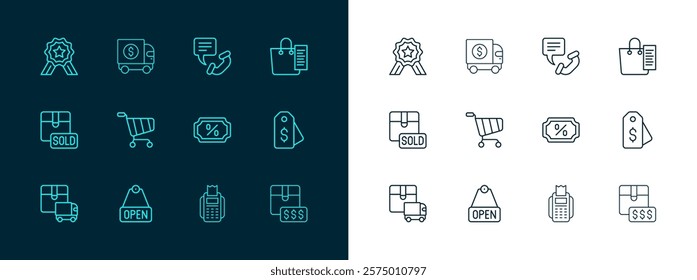 Set line Shopping list, Hanging sign with text Open, Discount percent tag, POS terminal, cart, Telephone 24 hours support, Stars rating and Armored truck icon. Vector