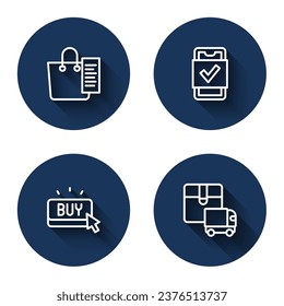 Set line Shopping list, Mobile shopping, Buy button and Delivery cargo truck with long shadow. Blue circle button. Vector