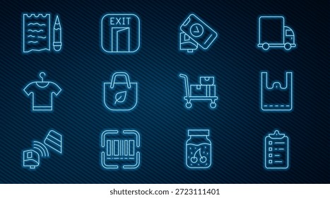 Set line Shopping list, Paper shopping bag, POS terminal, with recycle, T-shirt, and pencil, Hand truck boxes and Fire exit icon. Vector