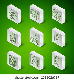 Set line Shopping list, and pencil, POS terminal, Hanging sign with Closed, Jam jar, Clock 24 hours, credit card and Price tag dollar icon. Vector