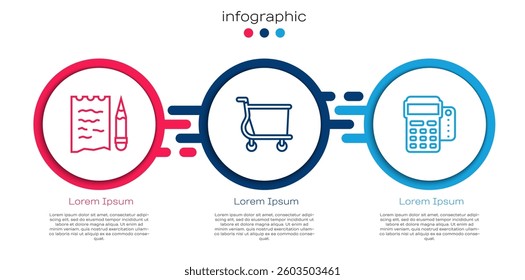 Set line Shopping list and pencil, cart and POS terminal with credit card. Business infographic template. Vector