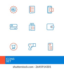 Definir a linha Lista de compras, Scanner digitalizando código de barras, carrinho, Carteira, Cartão de crédito, Saco de compras de papel, Móvel e ícone. Vetor