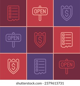 Set line Shopping list, Shield with dollar and Hanging sign text Open icon. Vector