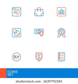 Set line Shopping list, Shield with dollar, Buy button, Medal, Pie chart infographic, Money shield,  and Paper shopping bag icon. Vector
