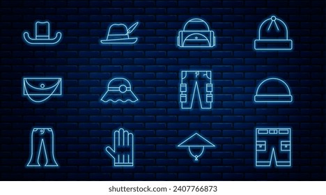 Set line Short or pants, Beanie hat, Sport bag, Elegant women, Clutch, Man, Cargo and Oktoberfest icon. Vector