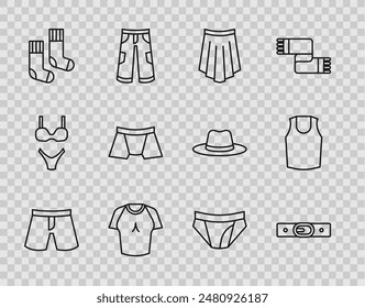 Set line Short or pants, Belt, Skirt, T-shirt, Socks, Men underpants,  and Undershirt icon. Vector