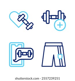 Set line Short or pants, Fitness app, Dumbbell and with heart icon. Vector
