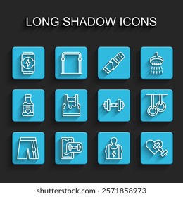 Set line Short or pants, Fitness app, Energy drink, Bodybuilder, Dumbbell with heart, Sweaty sleeveless t-shirt, Gymnastic rings and  icon. Vector