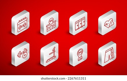Set line Short or pants, Gym building, Locker changing room, Heart rate, Location gym, Calendar fitness, Treadmill machine and Dumbbell icon. Vector