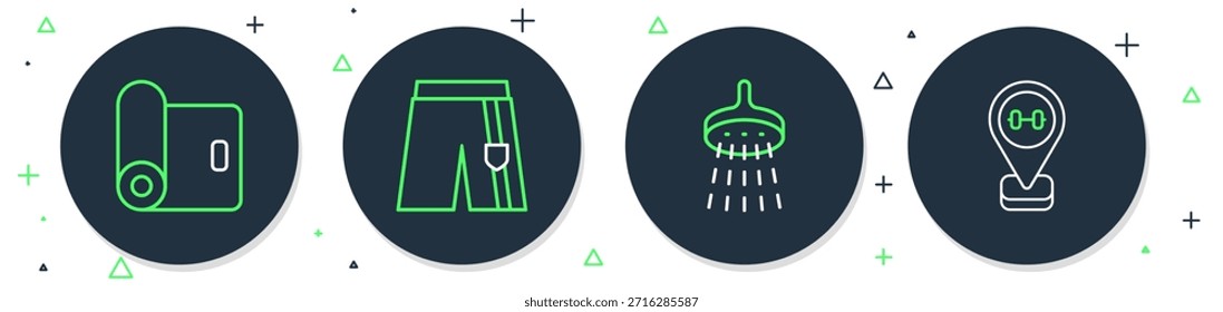 Corto o pantalones, ducha, rollo de la estera de la aptitud y icono del gimnasio de la Locación. Vector