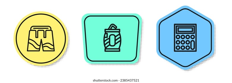 Set line Short or pants, Soda can with straw and Calculator. Colored shapes. Vector