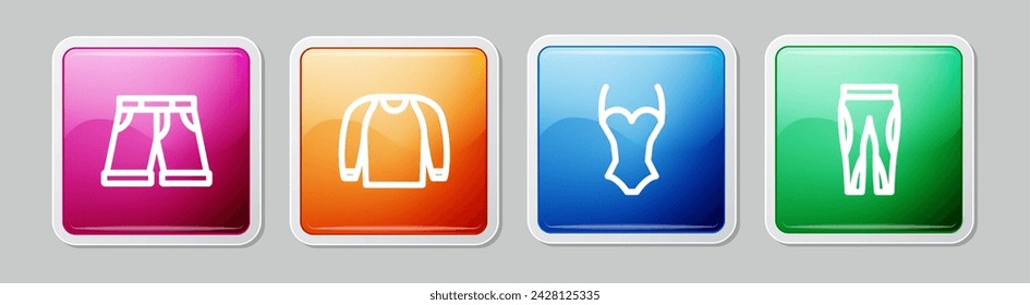 Set line Short or pants, Sweater, Swimsuit and Leggings. Colorful square button. Vector