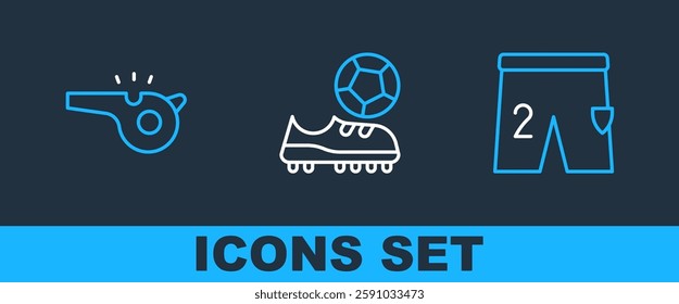 Set line Shorts for playing football, Whistle and Football shoes icon. Vector