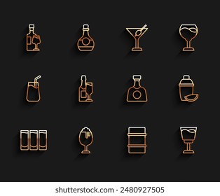 Set line Shot glass, Glass of beer, Wine bottle with, Metal keg, Champagne and, Cocktail shaker lime and Tequila icon. Vector