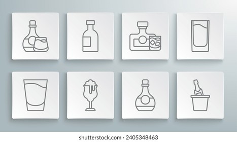 Set line Shot glass, Glass bottle of vodka, beer, Bottle cognac or brandy, Champagne in ice bucket, Whiskey,  and  icon. Vector